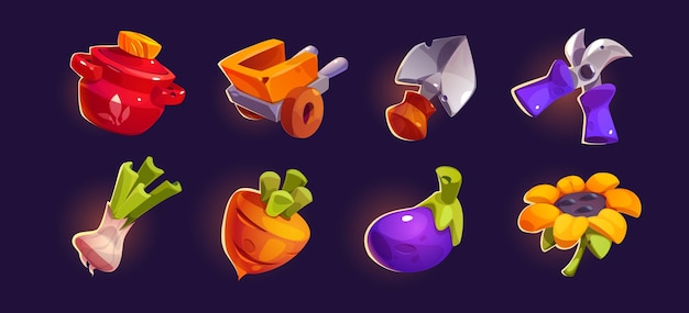 Kostenloser Vektor ui farm-spiel-icon-set für gartengeräte und gemüse. isolierte cartoon-vektor-lebensmittelelement-sammlung mit schaufel und gartenschere, landwirtschaftliche ausrüstung. glänzende und glitzernde landwirtschafts-cliparts für mobile app