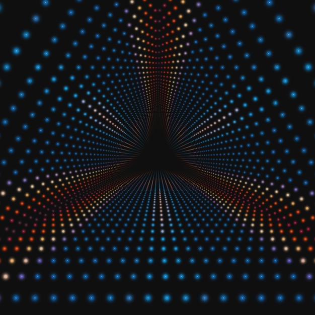 Unendlicher dreieckiger Tunnel des Vektors der bunten Kreise auf dunklem Hintergrund. Kugeln bilden Tunnelsektoren.