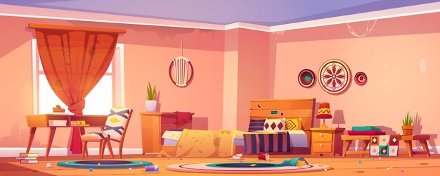 Unordentliches Schlafzimmer im Boho-Stil mit Bett, Schreibtisch, Stuhl, Müll auf dem Boden, schmutziger Decke und Vorhängen.