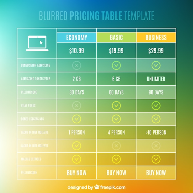 Kostenloser Vektor unscharfe preistabellenvorlage
