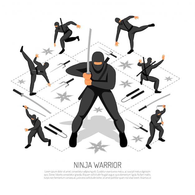 Unschlagbarer stickman-charakter des ninja-kriegers in verschiedenen action-posen isometrische interaktive videospiel-vektorillustration