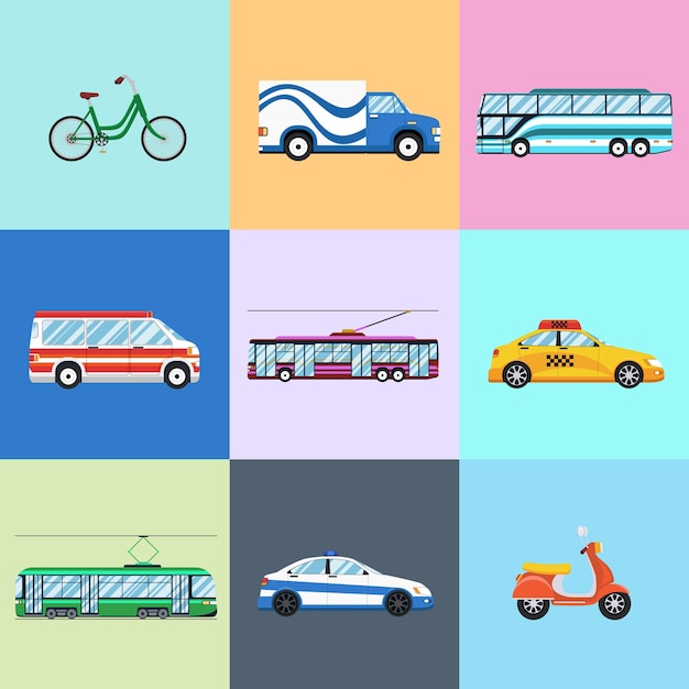 Kostenloser Vektor urban city fahrzeuge icon set. auto- und trolleybus, fahrrad und motorrad, bus und polizei