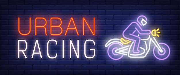Urban racing neon text mit biker motorrad fahren
