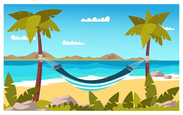 Urlaub am Meer mit leerer Hängematte an der Küste Reisen im tropischen Paradies des exotischen Insellandes mit türkisfarbenen Ozeanwellen und Palmen