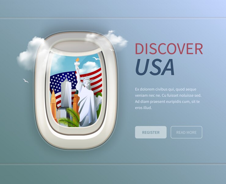 Kostenlose Vektor usa bullauge hintergrund mit entdecken usa schlagzeile und registrieren und lesen sie mehr schaltflächen