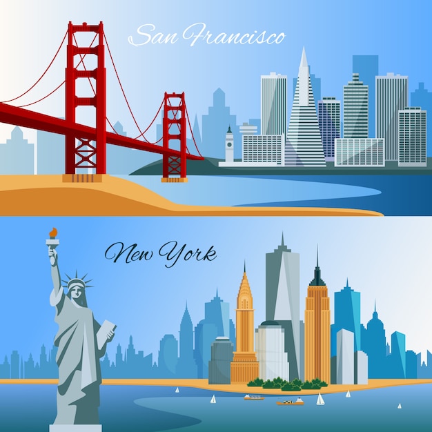 Kostenloser Vektor usa horizontale flache banner mit san francisco und neuen yourk stadtlandschaften