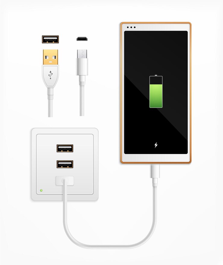 Kostenlose Vektor usb-port-stecker in realistischer zusammensetzung mit isolierten kabelanschlüssen, anschlüssen, steckdose und smartphone