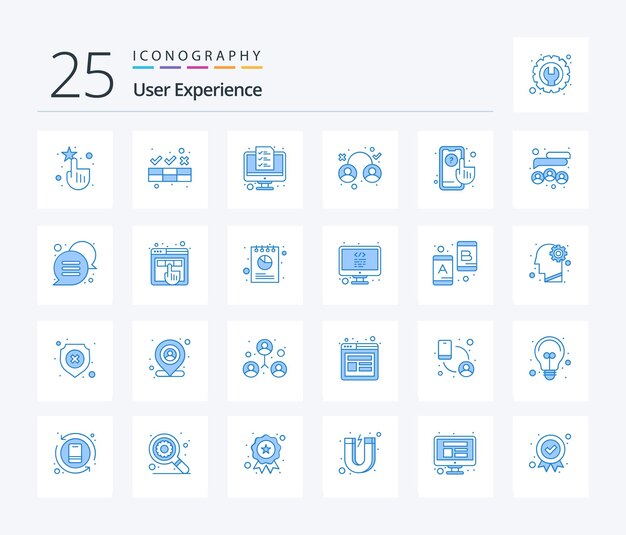 User Experience 25 Blue Color Icon Pack, einschließlich der Analyse des Benutzercomputer-Testdesigns