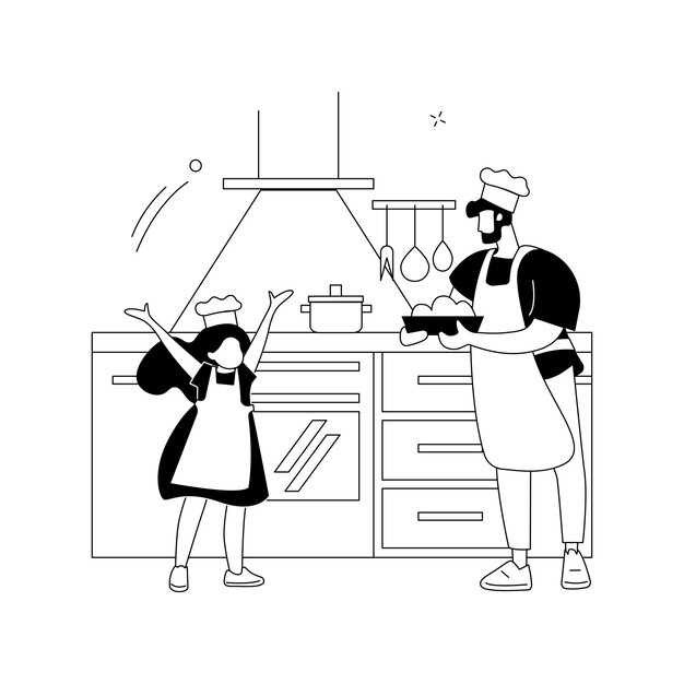 Väter und Hausarbeit abstraktes Konzept Vektorillustration Vater macht Hausarbeit zu Hause Vater Sohn Tochter faltende Kleidung Spaß beim Kochen Reinigung zusammen Geschirr spülen abstrakte Metapher