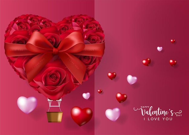 Valentinstag-grußkartenvorlagen mit realistischer schöner rose und herz auf hintergrundfarbe.