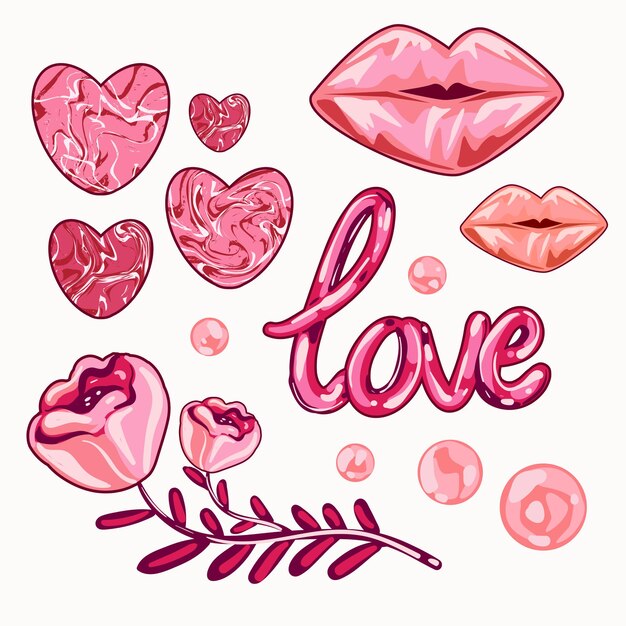 Valentinstag Set Elemente Lippen, Rose; Süßigkeiten und etc.
