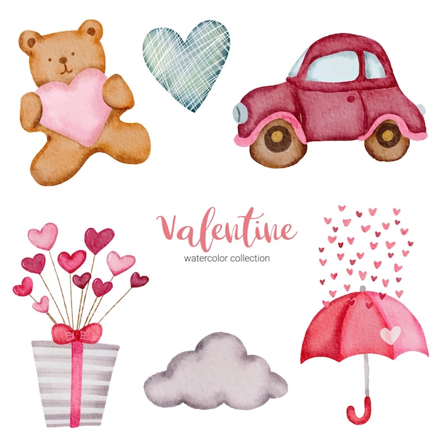 Valentinstag Set Elemente Wolke, Teddy, Herz, Geschenkbox und vieles mehr.