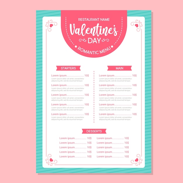 Valentinstagmenüschablone im flachen design