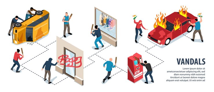 Kostenlose Vektor vandalen isometrische infografiken mit aggressiven menschen, die öffentliches eigentum beschädigen und autos in brand setzen, vektorgrafik