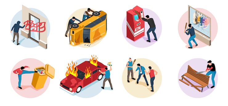 Kostenlose Vektor vandalen isometrische runde kompositionen mit hooligans, die öffentliches eigentum beschädigen, umdrehen und autos in brand setzen, isolierte vektorillustration