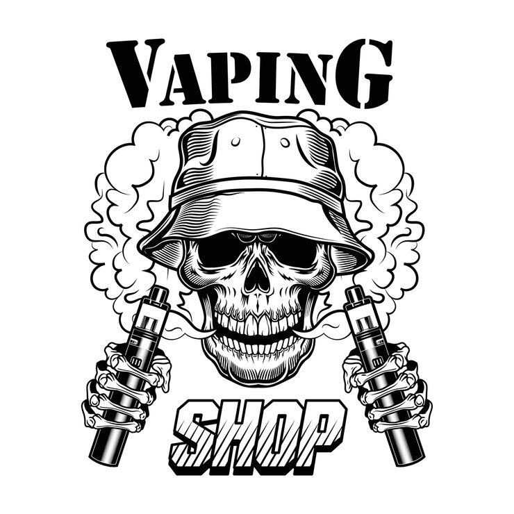 Kostenlose Vektor vape shop vektor-illustration. trendy hipster vaper schädel mit elektronischen zigaretten und dampf