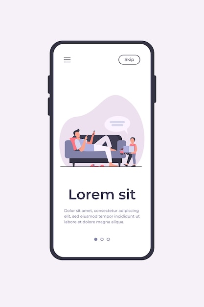 Vater liegt auf dem sofa und hört sohn mit spielzeug. flache vektorillustration des kindes, des lastwagens, der sprechblase. kommunikations- und elternschaftskonzept für banner, website-design oder landing-webseite