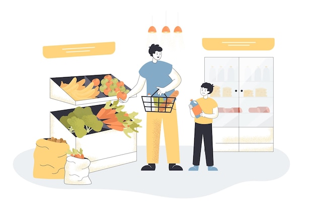 Vater und Sohn kaufen Lebensmittel im Lebensmittelgeschäft. Elternteil mit dem Kind, das Obst, Gemüse und andere Waren in der flachen Vektorillustration des Supermarkts wählt. Familieneinkauf, Tagesablauf, Lifestyle-Konzept