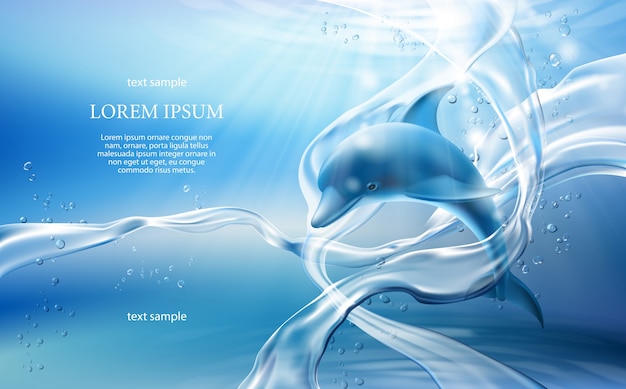 Vector Banner mit Strömungen, Blasen von kristallklarem Wasser und Delphin auf hellblauem Hintergrund