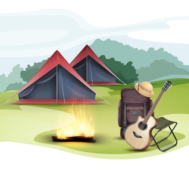 Vector campingzone mit zelt, großem reiserucksack, klappstuhl, safarihut, gitarre und lagerfeuer