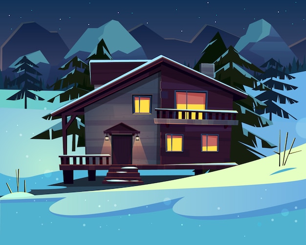 Vector Karikaturhintergrund mit einem Luxushotel in den schneebedeckten Bergen nachts.
