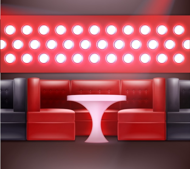 Kostenloser Vektor vector nachtclub interieur in den farben rot, schwarz mit hintergrundbeleuchtung, sesseln und beleuchtetem tisch
