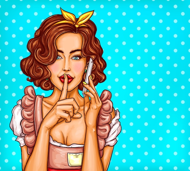 Vector pop art illustration eines jungen sexy mädchen reden auf einem handy