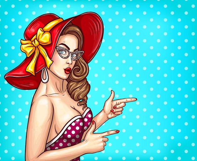 Vector Pop-Art Pin up Illustration eines sexy Mädchen in einem luxuriösen Hut und Brillen zeigt auf etwas