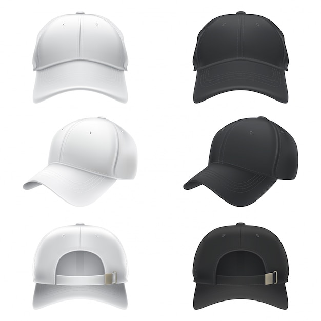 Vector realistische Darstellung einer weißen und schwarzen Textil-Baseball-Cap vor, Rückseite und Seitenansicht