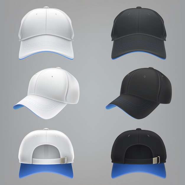 Vector realistische darstellung einer weißen und schwarzen textil-baseball-cap vor, rückseite und seitenansicht