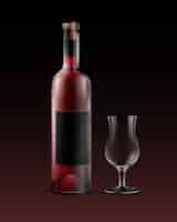 Kostenloser Vektor vector transparente flasche rotwein mit schwarzem etikett und leerem glas lokalisiert auf dunklem hintergrund