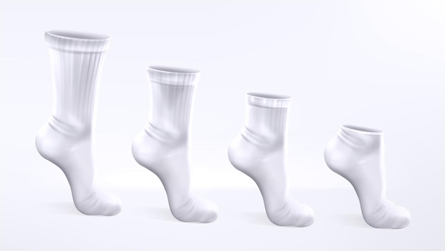 Vektor 3d realistischer weißer sport und lässige weiße socken unterschiedlicher länge