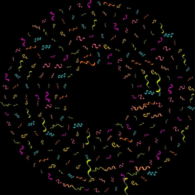 Kostenloser Vektor vektor abstrakter schwarzer hintergrund mit vielen fallenden winzigen bunten konfettistücken und band karneval weihnachten oder neujahr dekoration bunte party wimpel für geburtstagsfest