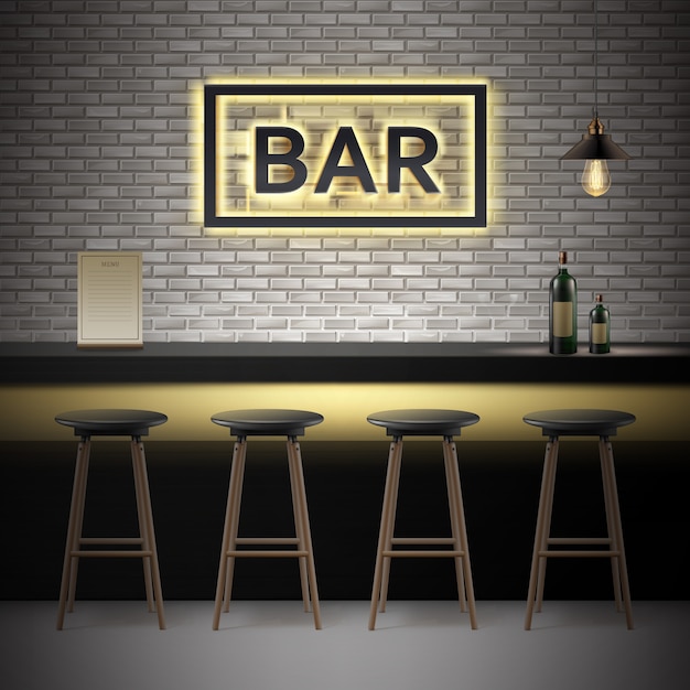 Kostenloser Vektor vektor-bar, pub-innenraum mit backsteinmauern, theke, stühlen, flaschen alkohol, menü, beleuchtetes schild und lampe