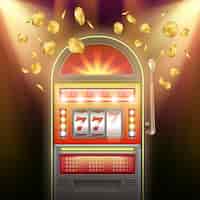Kostenloser Vektor vektor beleuchteter retro-jackpot-spielautomat mit fallenden goldmünzen auf dunklem hintergrund in blinkenden lichtern