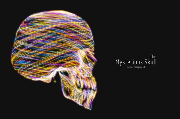 Vektor bunter Schädel mit hell leuchtenden Linien konstruiert Konzeptionelle Illustration des menschlichen Kopfes Abstrakte Swirl-Neon-Linien bilden die Knochenstruktur Kreativer Schädel