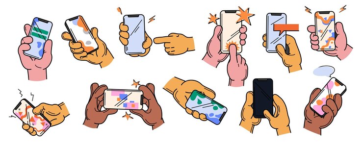 Kostenlose Vektor vektor-doodle-set von menschlicher hand mit telefon isoliert auf weißem hintergrund person mit smartphone