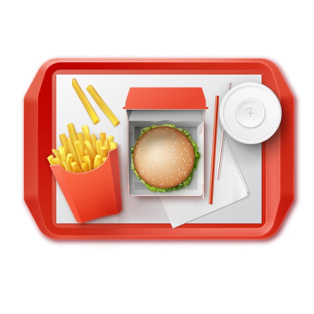 Vektor-fast-food-satz von realistischen hamburger-klassischen burger-kartoffeln pommes frites in der roten verpackungsbox leere pappbecher für alkoholfreie getränke mit strohhalm auf tablett draufsicht isoliert auf weißem hintergrund