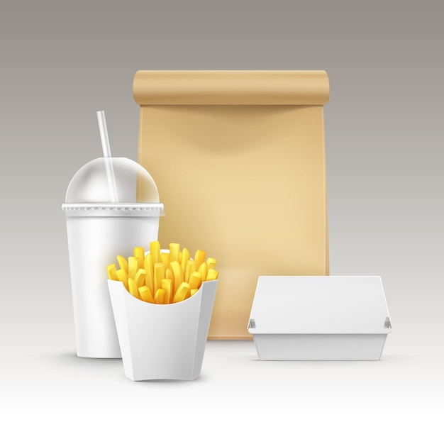 Vektor-Fast-Food-Set von realistischen Karton Hamburger Classic Burger Container Kartoffeln Pommes Frites in weißer Verpackung Box Blank Karton Tasse für Getränke mit Stroh Craft Paper Take Away Griff Lunch Bag.
