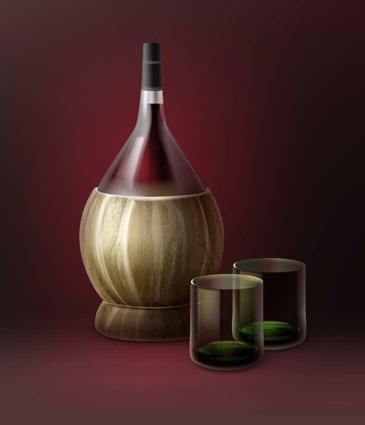 Kostenlose Vektor vektor fiasko flaschen wein und zwei glasvoll lokalisiert auf dunkelrotem hintergrund