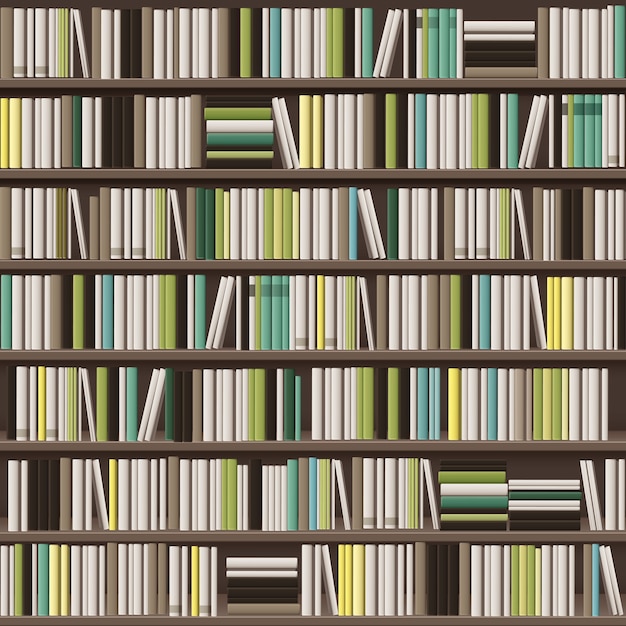 Vektor große Bibliothek Bücherregal Hintergrund voll von verschiedenen weißen, gelben, grünen und braunen Büchern