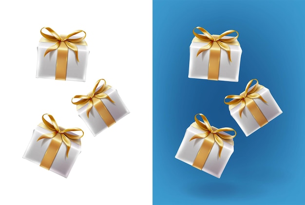 Vektor-Icon-Set Fliegende weiße Geschenkschachteln mit goldenen Bändern auf weißem und blauem Hintergrund