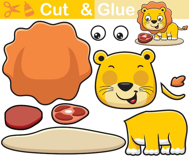 Vektor-illustration der lustigen löwenkarikatur mit frischfleisch. bildungspapierspiel für kinder. ausschneiden und kleben