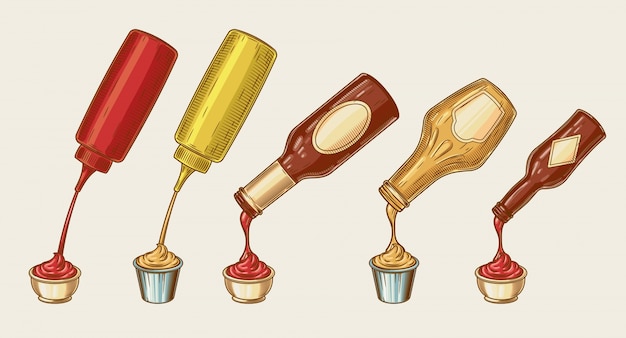 Kostenloser Vektor vektor-illustration eines gravur-stil satz von verschiedenen saucen werden aus flaschen in schüsseln gegossen