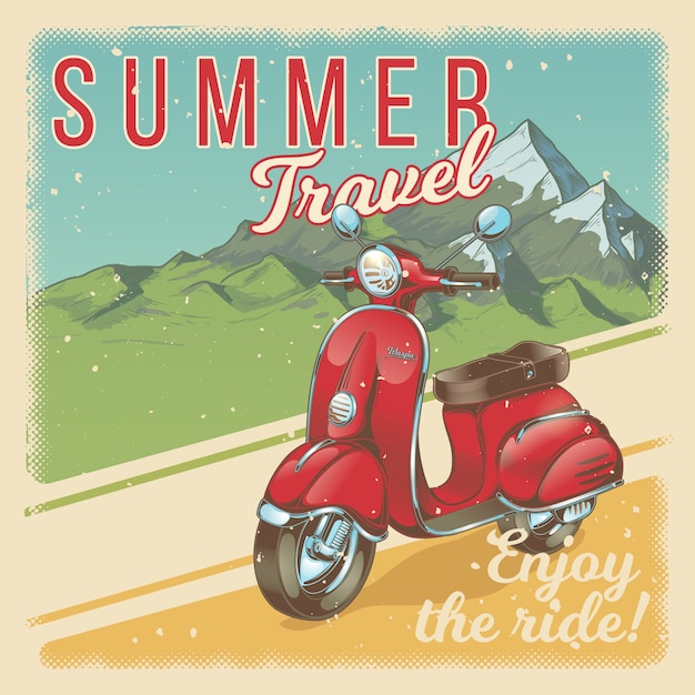 Kostenloser Vektor vektor-illustration, poster mit roten vintage-roller, moped in grunge-stil.