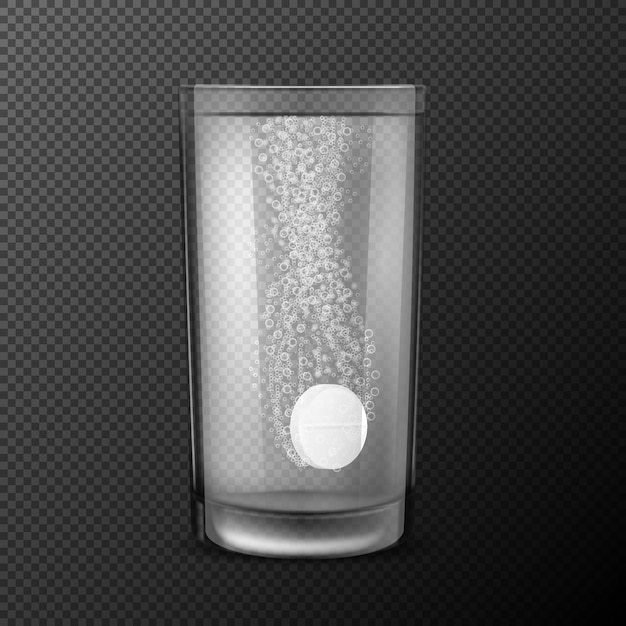 Kostenloser Vektor vektor-illustration von brausetabletten, lösliche pillen fallen in ein glas mit wasser mit kohlensäurehaltigen blasen auf einem schwarzen hintergrund isoliert.