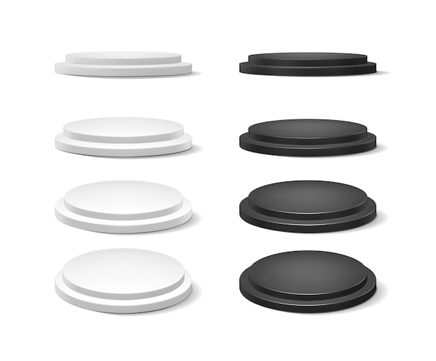 Vektor-Ison-Set Sammlung von weißen und schwarzen Podiumsständern in verschiedenen Richtungen