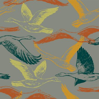 Vektor nahtloses muster von fliegenden graugänsen. wilde vögel ornament. vintage-stil-design für tapeten, textilien, druck, hintergrund, dekor.
