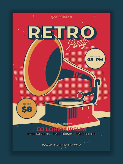 Kostenloser Vektor vektor retro party poster mit vintage grammophon illustration