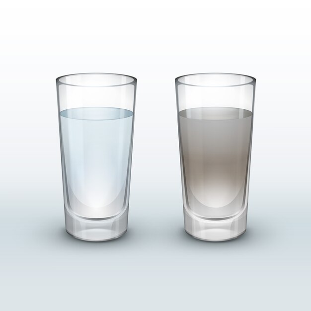 Vektor sauberes und schmutziges Wasser im Glas lokalisiert auf hellem Hintergrund